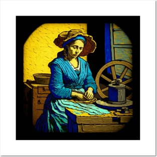 Illustration of a woman sitting at a table in Van Gogh style Posters and Art